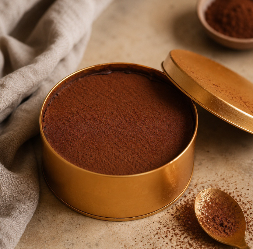 Chocolate cake in a gold tin